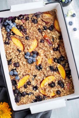 Warm Summer Peach and Blueberry Vegan Baked Oats